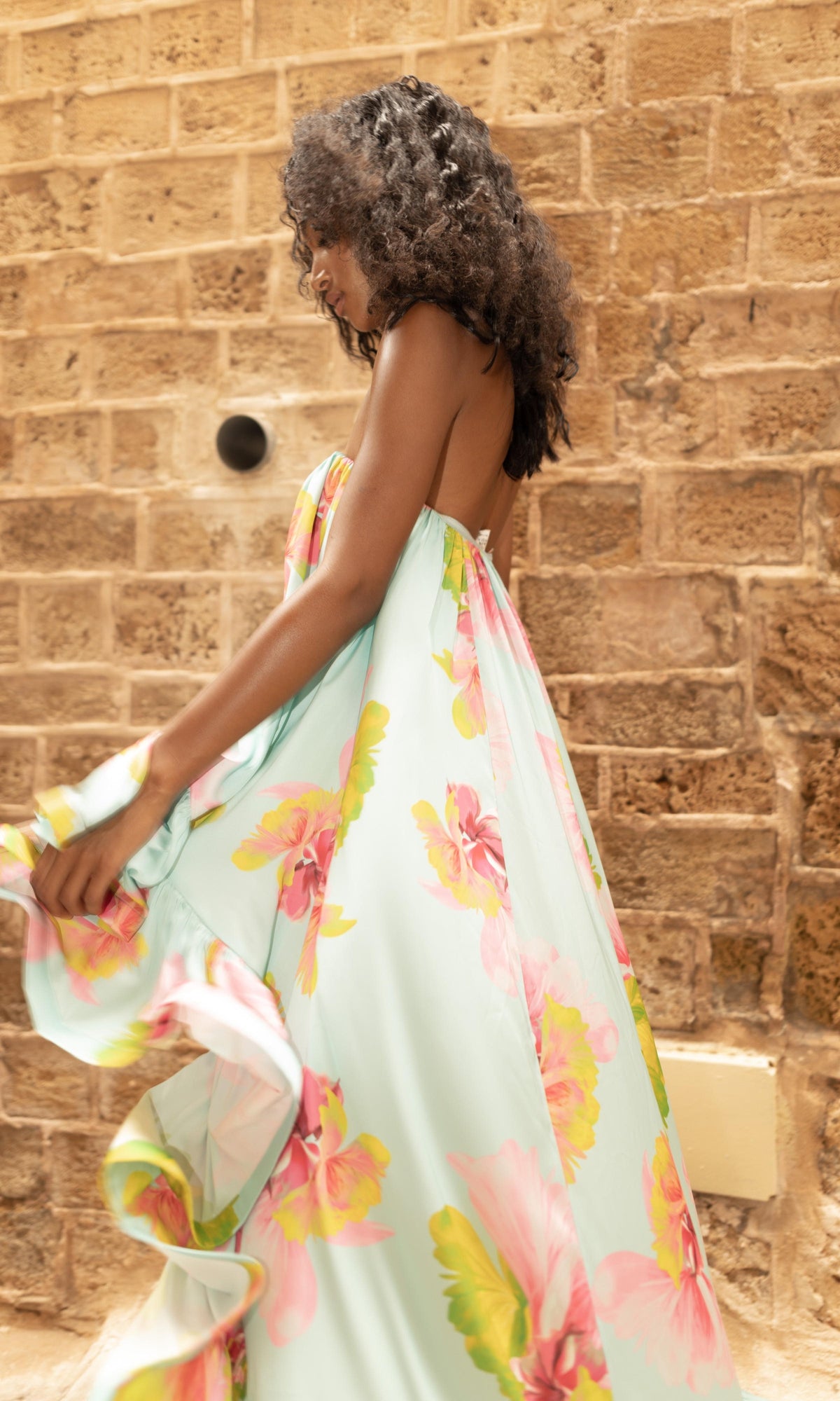 Womens | Mina Polyester Satin Lycra Long Dress | Blue Floral