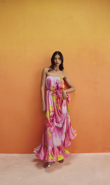Womens | Mina Viscose Satin Long Dress With Braided Belt | Pink Floral