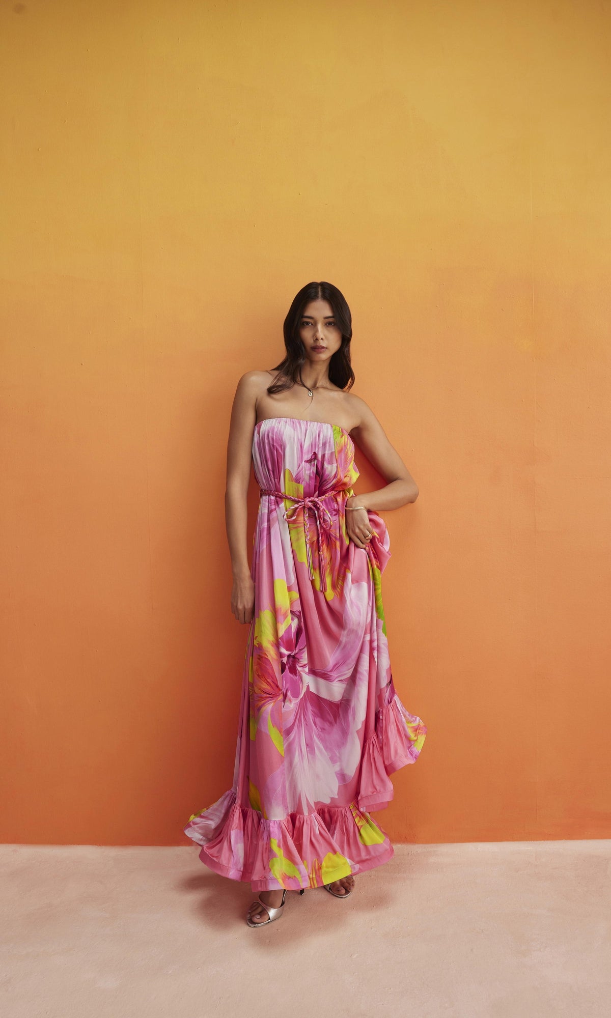 Womens | Mina Viscose Satin Long Dress With Braided Belt | Pink Floral