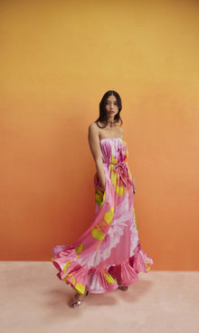 Womens | Mina Viscose Satin Long Dress With Braided Belt | Pink Floral
