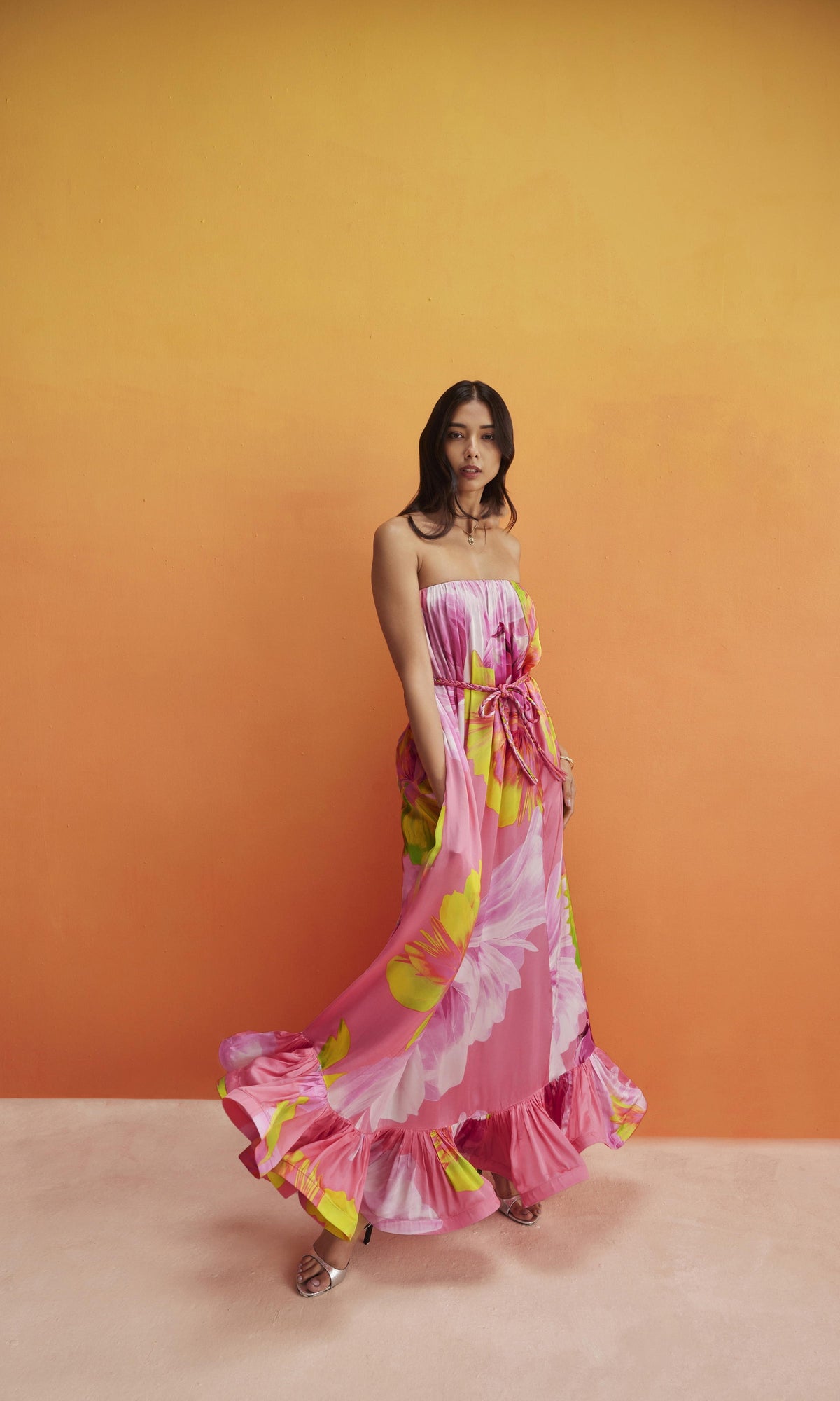 Womens | Mina Viscose Satin Long Dress With Braided Belt | Pink Floral