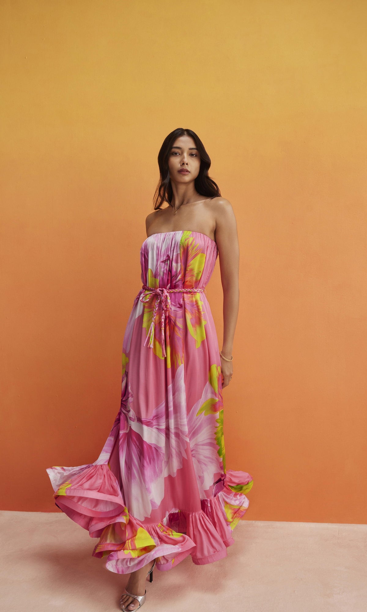 Womens | Mina Viscose Satin Long Dress With Braided Belt | Pink Floral
