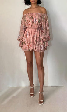 Womens | Mina Viscose Crinkle Chiffon Romper With Belt | Peach Floral