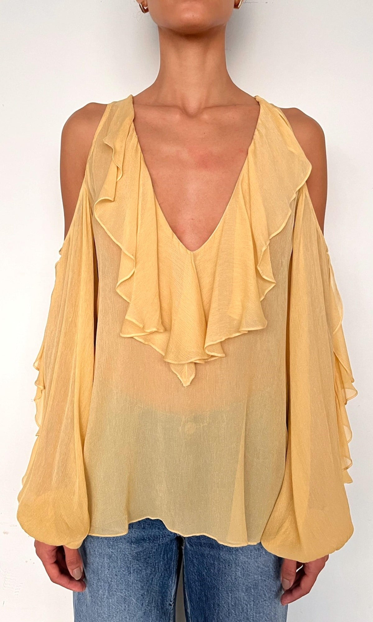 Womens | Nain Viscose Flat Chiffon Cold Shoulder Ruffle Top | Yellow