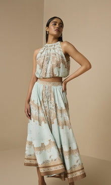 Womens | Navi Viscose Organza Linen Halter Neck Top | Blue Brown