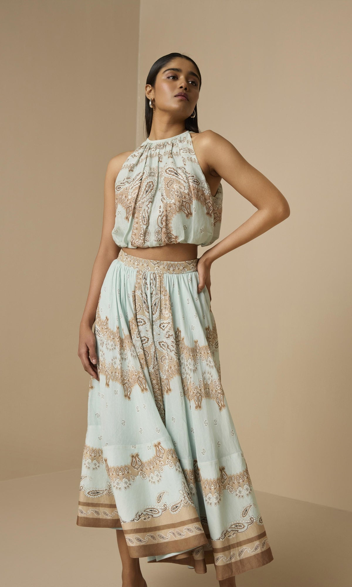 Womens | Navi Viscose Organza Linen Halter Neck Top | Blue Brown