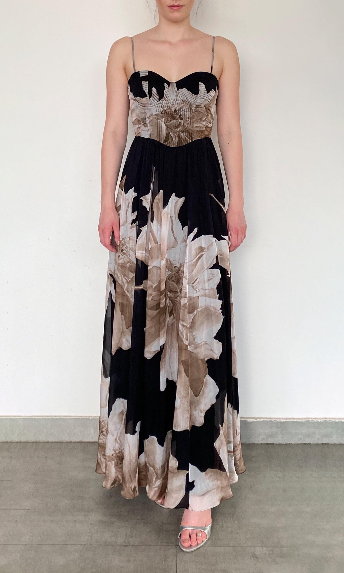 Womens | Niru Viscose Flat Chiffon Corsetted Long Dress | Black Multi