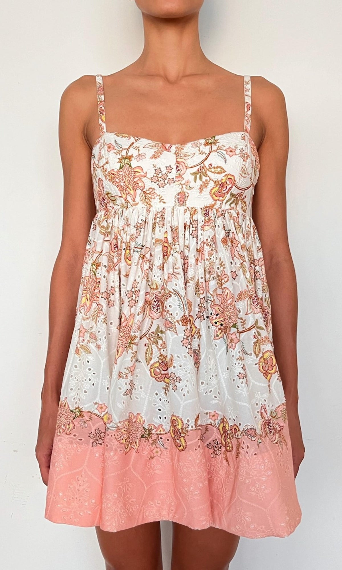 Womens | Niti Cotton Schiffli Short Dress With Quilted Yoke | White Floral