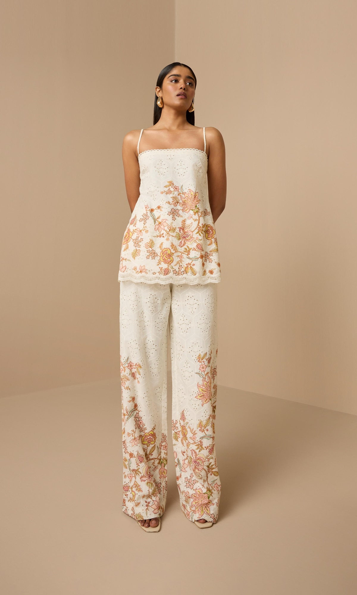 Womens | Niti Cotton Schiffli High Slit Top | White Floral