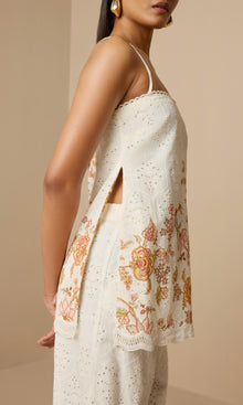 Womens | Niti Cotton Schiffli High Slit Top | White Floral
