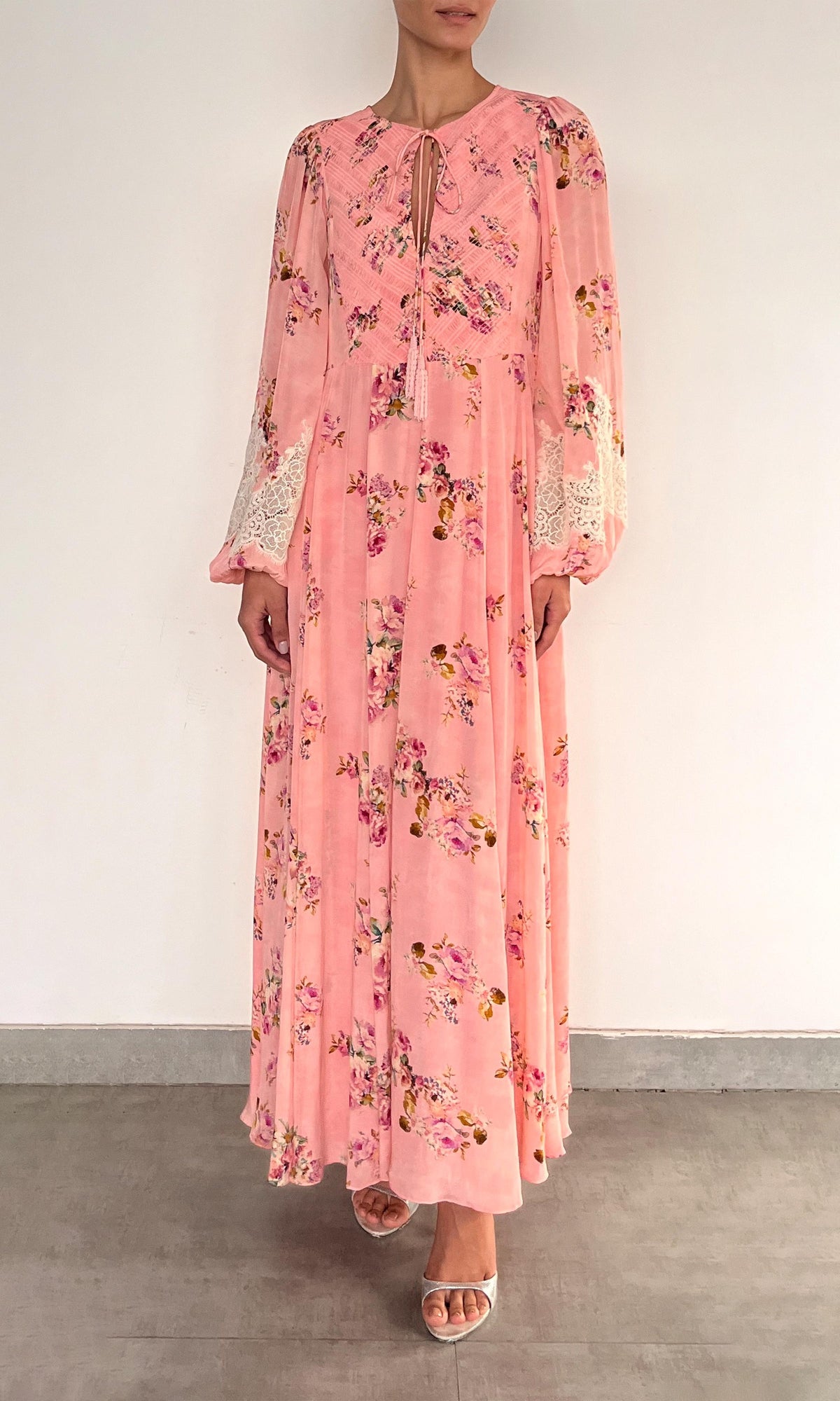 Womens | Niva Viscose Natural Crepe Maxi Kaftan | Pink Floral