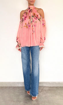 Womens | Niva Viscose Flat Chiffon Neck Tie Detail Top | Pink Floral