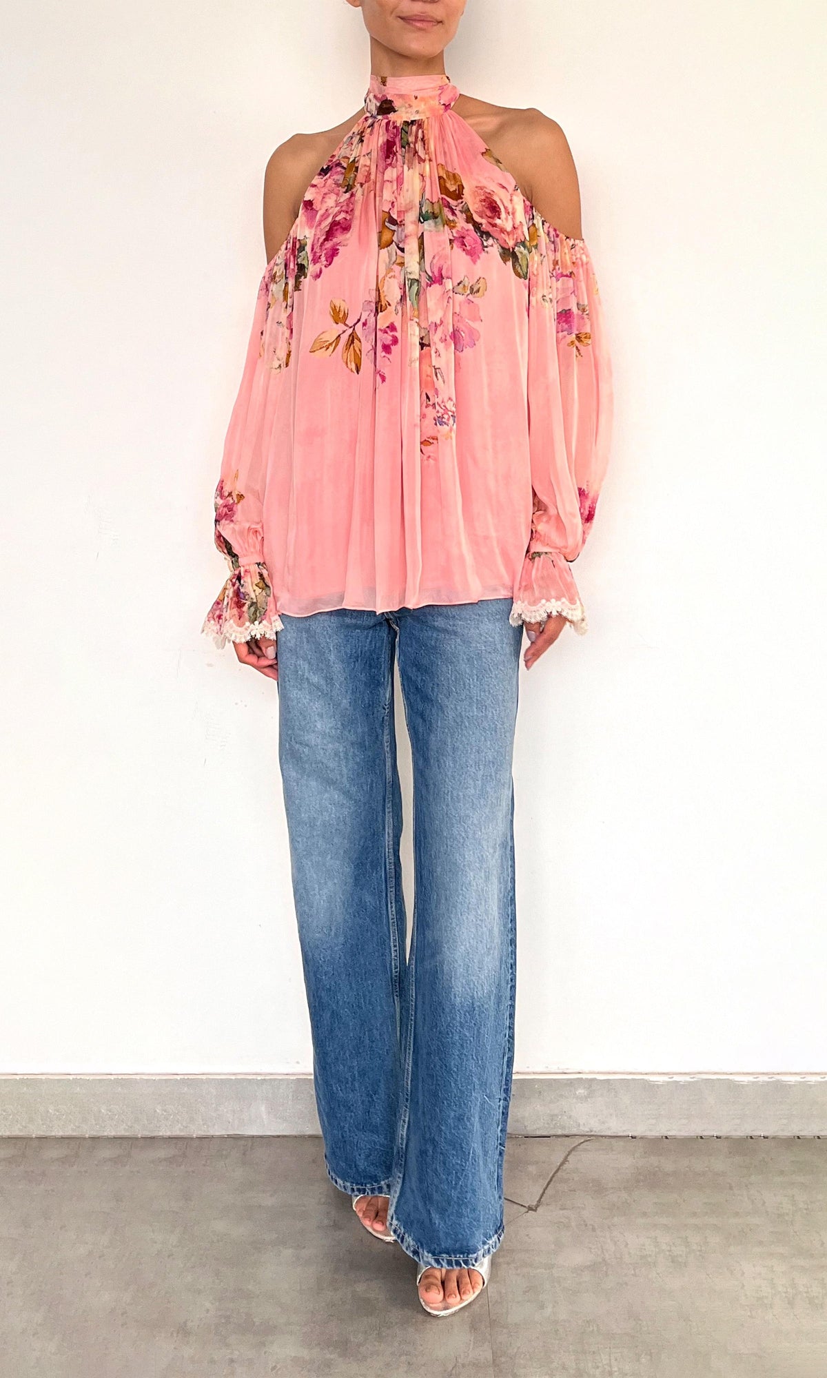 Womens | Niva Viscose Flat Chiffon Neck Tie Detail Top | Pink Floral