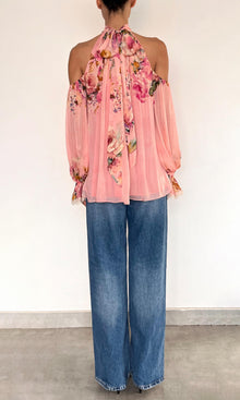 Womens | Niva Viscose Flat Chiffon Neck Tie Detail Top | Pink Floral
