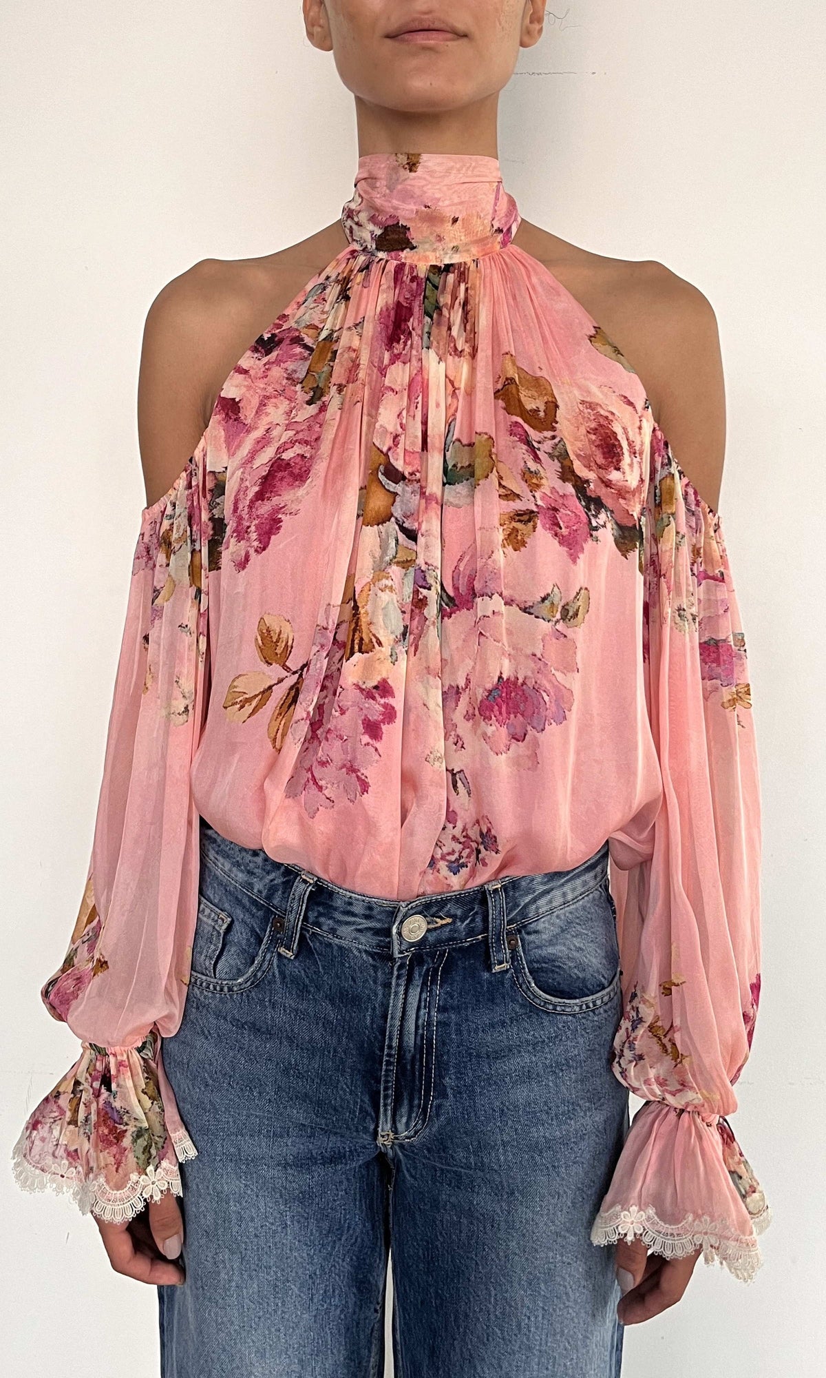 Womens | Niva Viscose Flat Chiffon Neck Tie Detail Top | Pink Floral