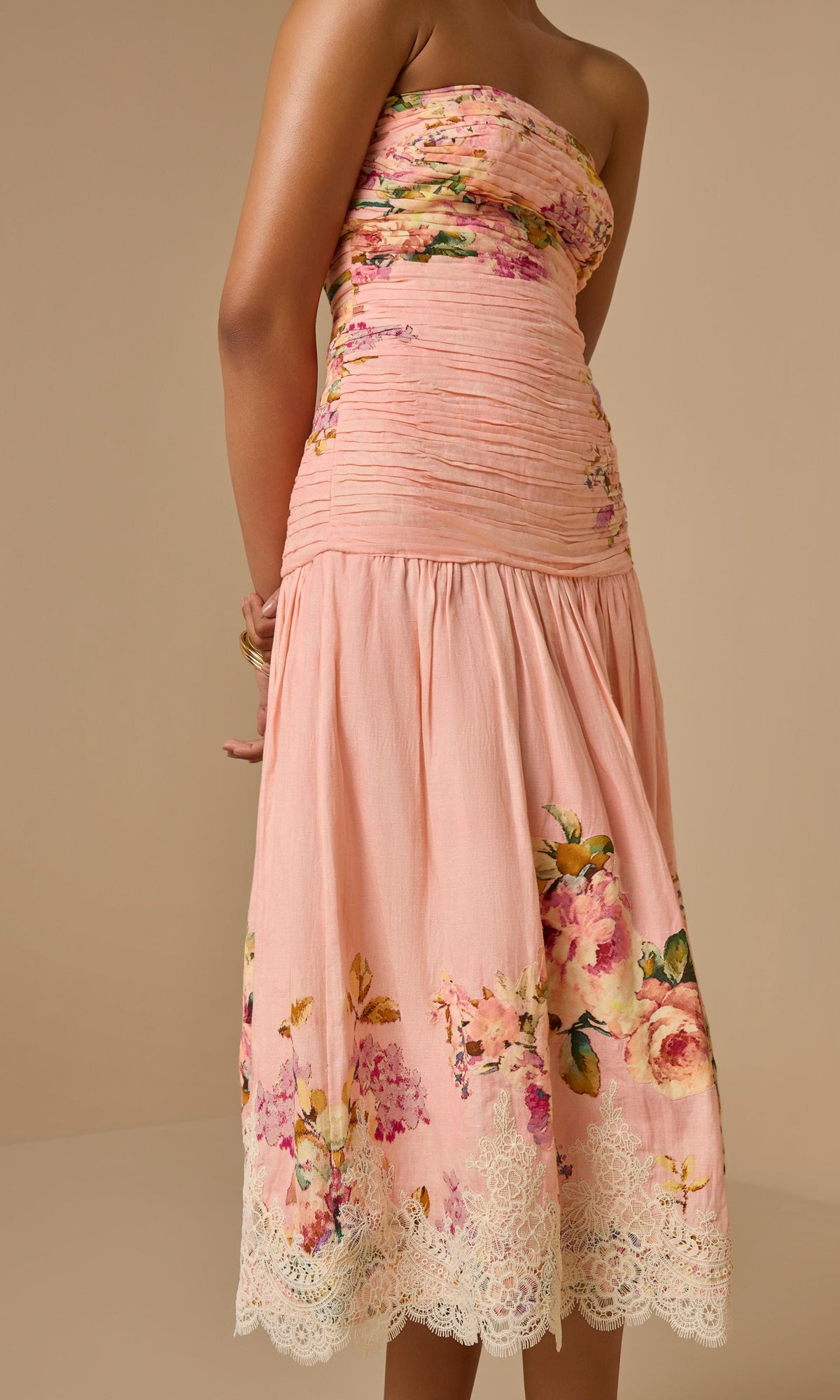 Womens | Niva Linen Cotton Ruched Midi Dress | Pink Floral