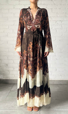 Womens | Omya Viscose Chiffon Long Dress With Braided Belt | Brown Multi