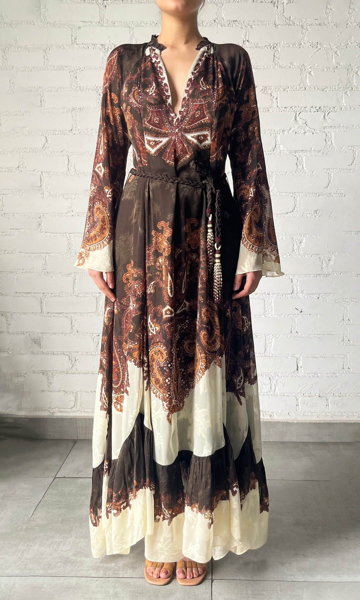 Womens | Omya Viscose Chiffon Long Dress With Braided Belt | Brown Multi
