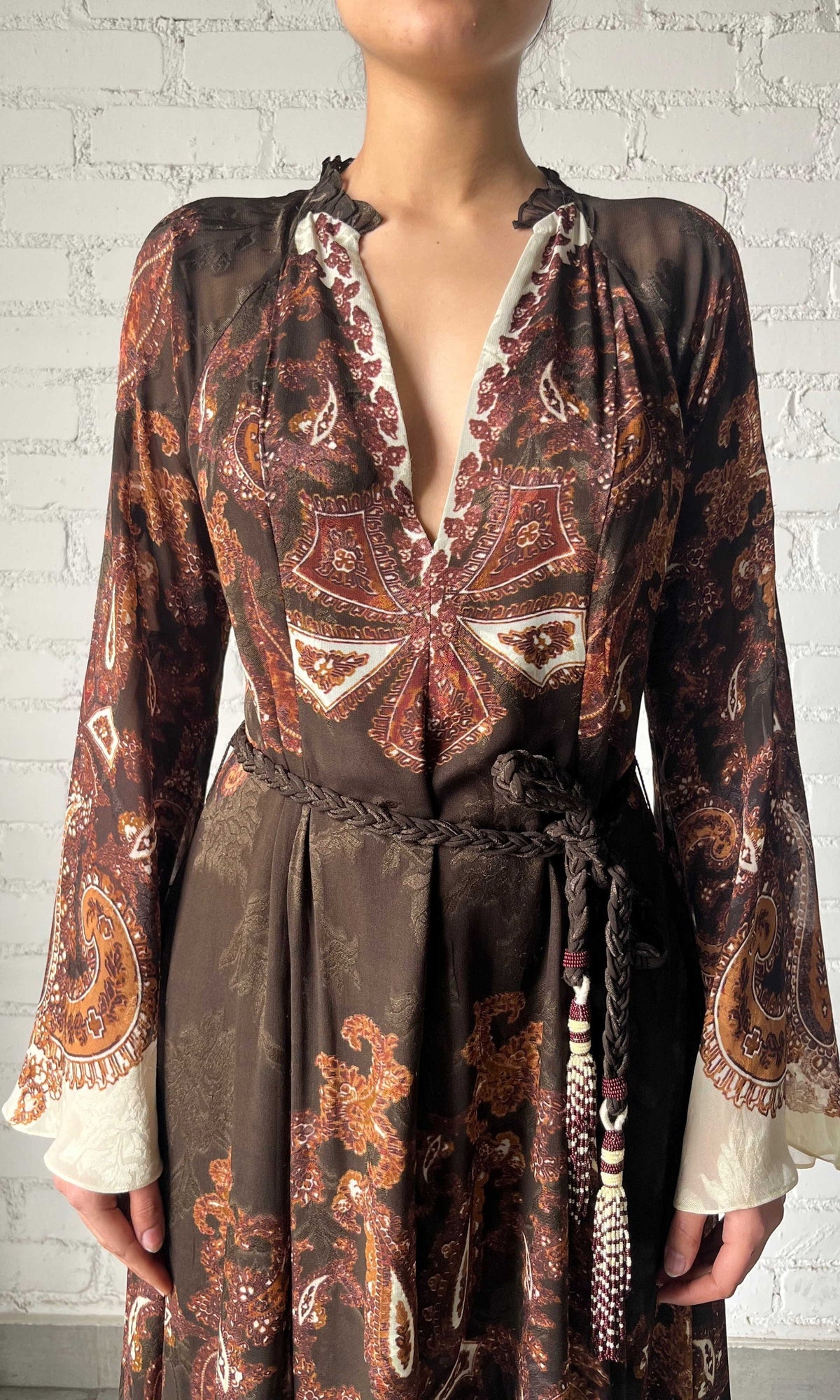 Womens | Omya Viscose Chiffon Long Dress With Braided Belt | Brown Multi
