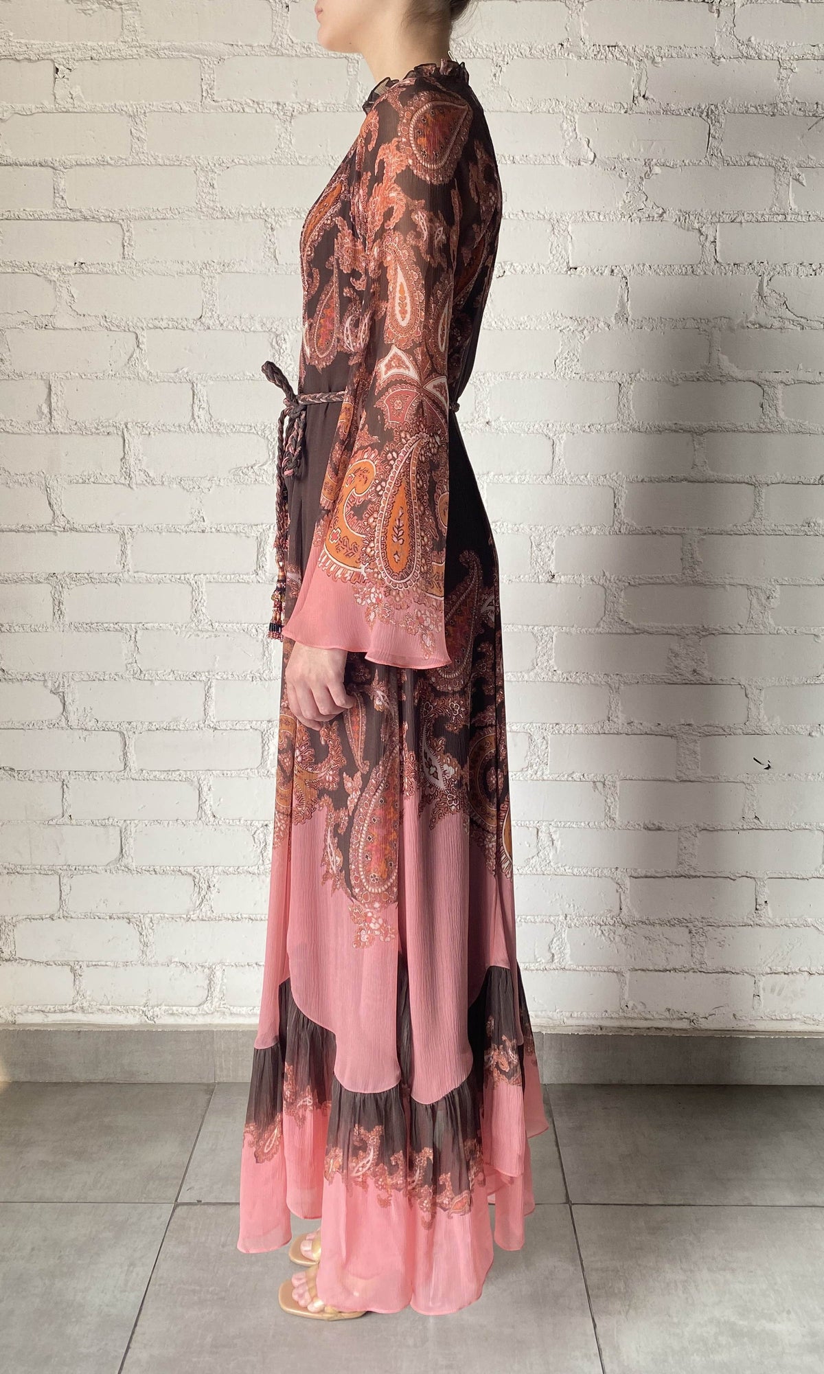 Womens | Omya Viscose Chiffon Long Dress With Braided Belt | Multicolor