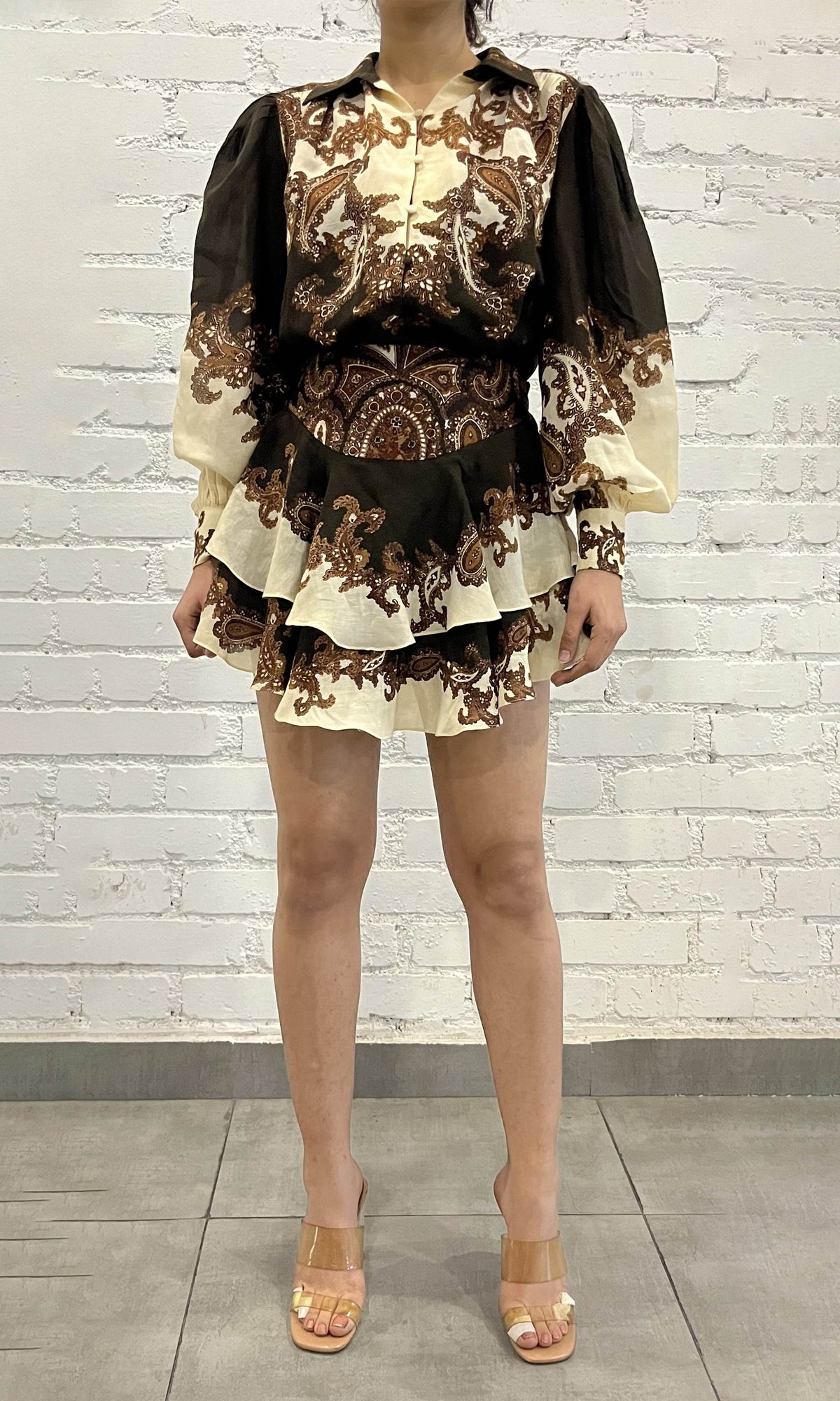 Womens | Omya Viscose Georgette Jacquard Short Skirt | Brown Multi