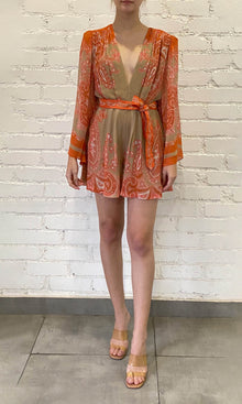 Womens | Omya Viscose Chiffone Romper With Belt | Beige/Orange Multi