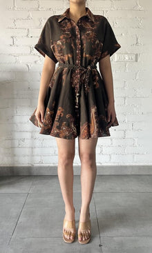 Womens | Omya Linen Cotton Short Dress With Tie Up Belt | Brown Multi