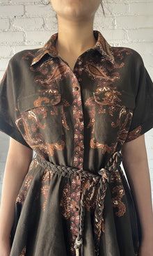 Womens | Omya Linen Cotton Short Dress With Tie Up Belt | Brown Multi