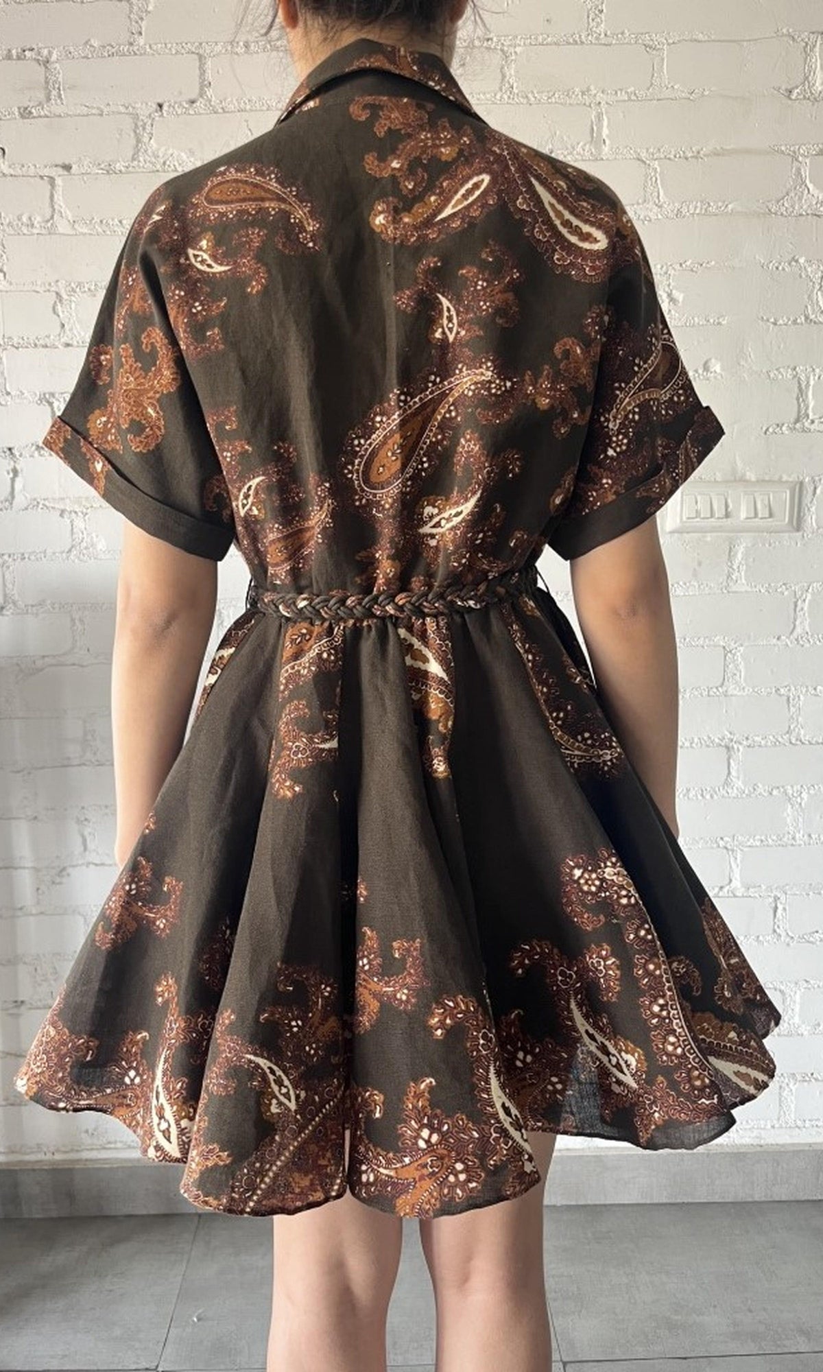 Womens | Omya Linen Cotton Short Dress | Brown Multi
