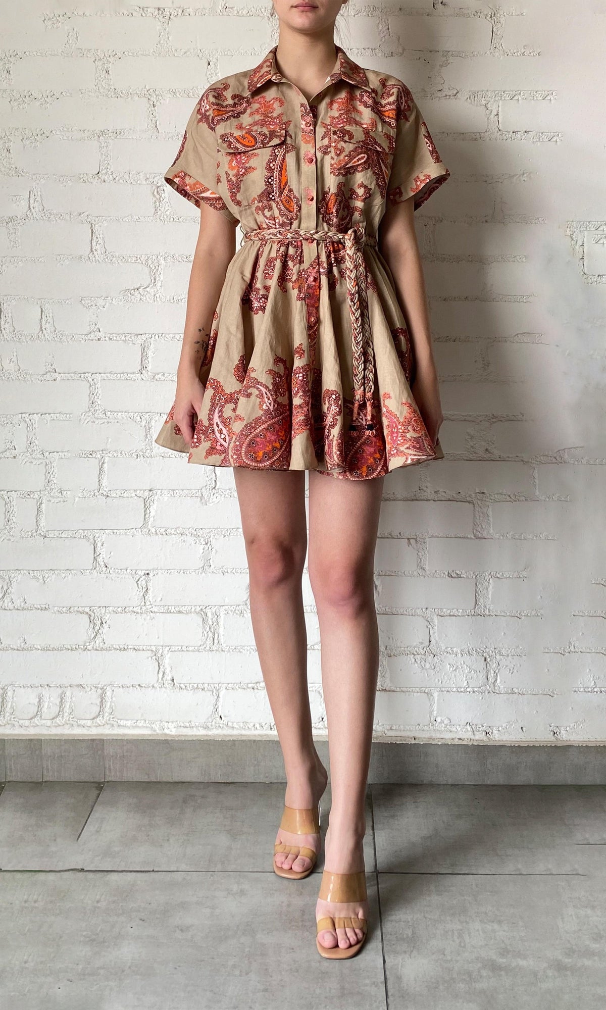 Womens | Omya Linen Cotton Short Dress With Tie Up Belt | Beige/Orange Multi