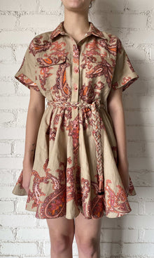 Womens | Omya Linen Cotton Short Dress With Tie Up Belt | Beige/Orange Multi
