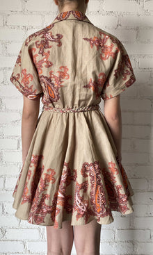 Womens | Omya Linen Cotton Short Dress With Tie Up Belt | Beige/Orange Multi