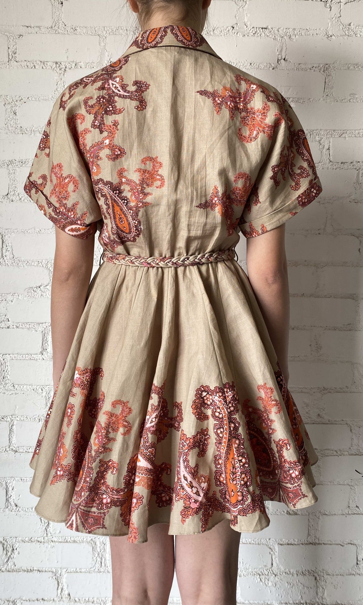 Womens | Omya Linen Cotton Short Dress With Tie Up Belt | Beige/Orange Multi