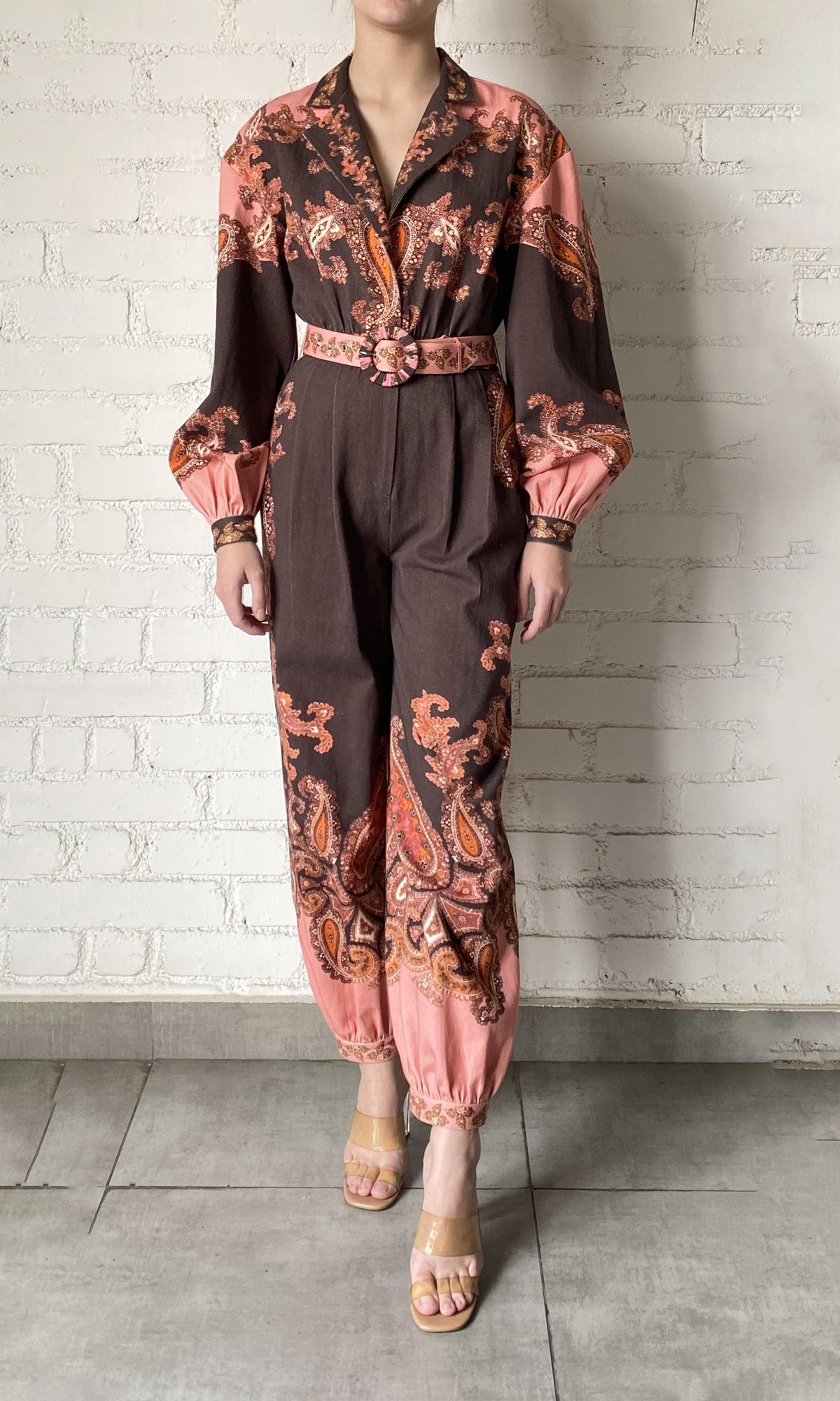 Womens | Omya Cotton Twill Jumpsuit With Buckle Belt | Brown Pink Multi