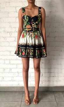Womens | Pahi Cotton Poplin Short Dress With Handcrafted Button With And Belt | Black Off White Floral