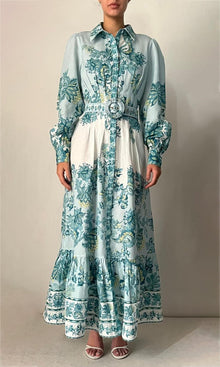 Womens | Pahi Linen Cotton Long Dress | Blue Floral