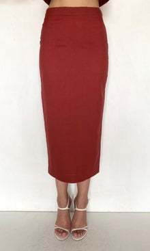 Womens | Palm Linen Cotton Fitted Midi Skirt | Terracotta