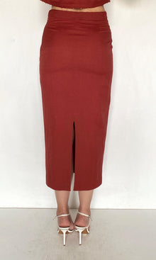Womens | Palm Linen Cotton Fitted Midi Skirt | Terracotta
