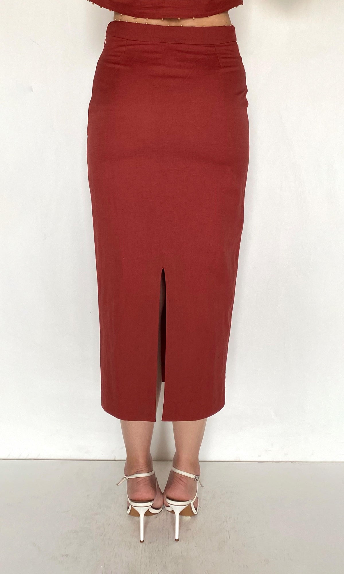 Womens | Palm Linen Cotton Fitted Midi Skirt | Terracotta
