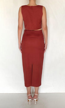 Womens | Palm Linen Cotton Fitted Midi Skirt | Terracotta