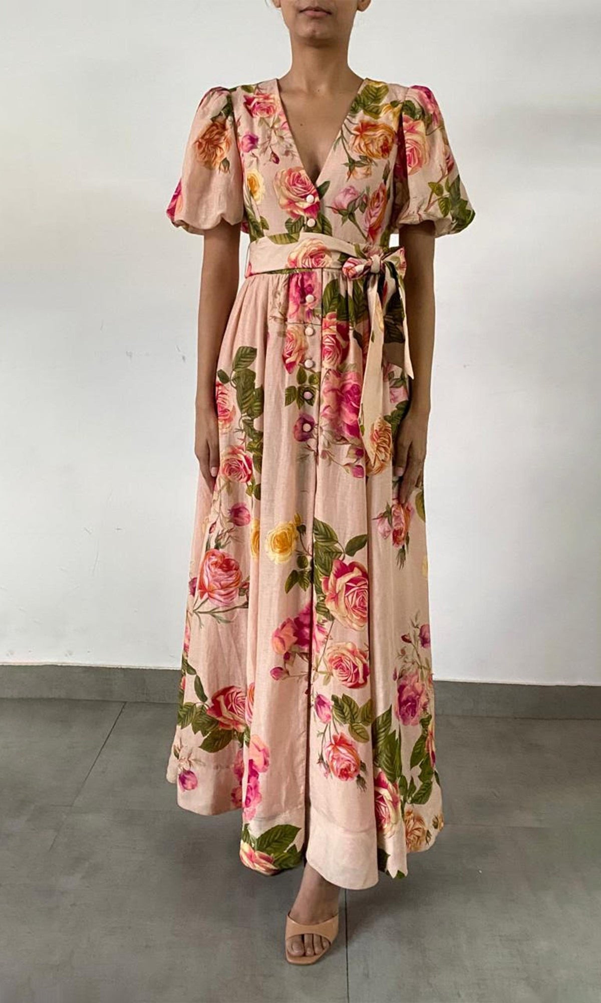 Womens | Pavi Linen Organza Long Dress With Tie Up Belt | Printed