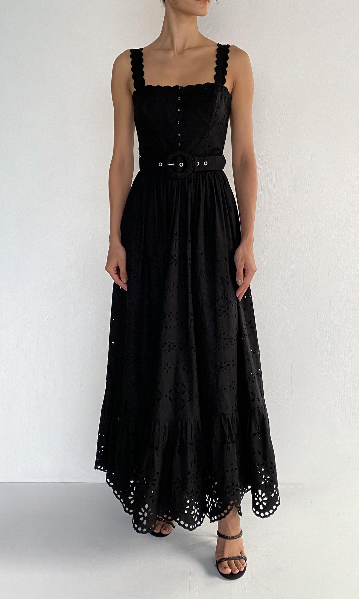 Womens | Raga Cotton Schiffli Long Dress With Buckle Belt | Black