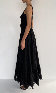 Womens | Raga Cotton Schiffli Long Dress With Buckle Belt | Black