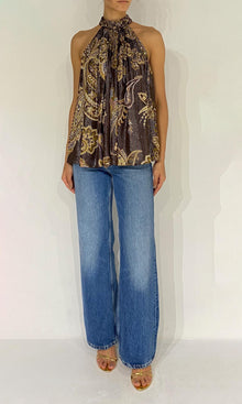Womens | Reem Viscose Georgette Lurex Halter Neck Top | Brown