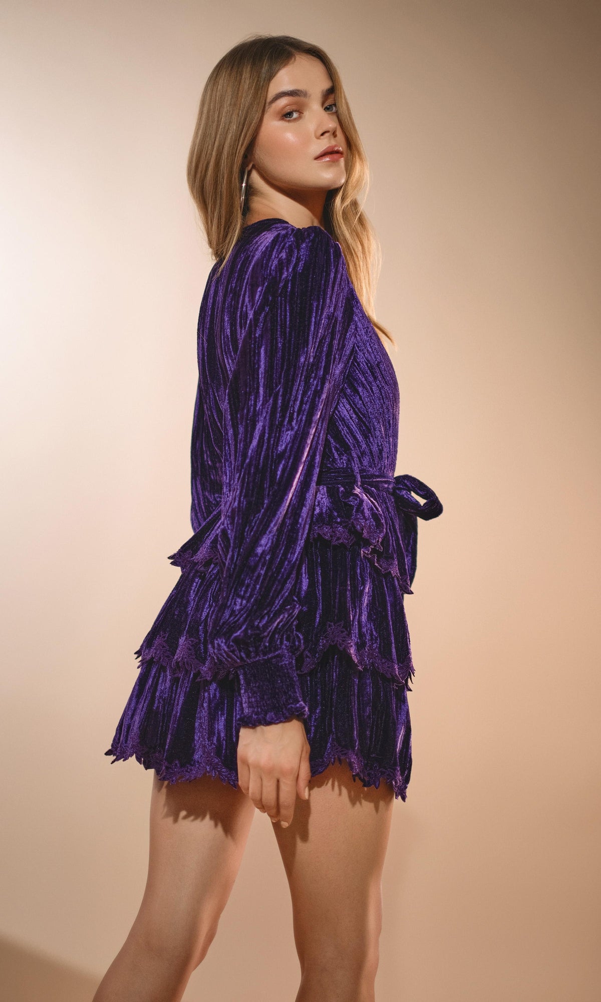 Womens | Reha Poly Crushed Velvet Short Dress | Purple