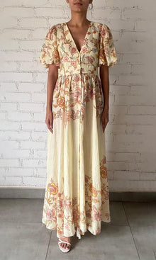 Womens | Riah Linen Organza Long Dress With Tie Up Belt | Printed