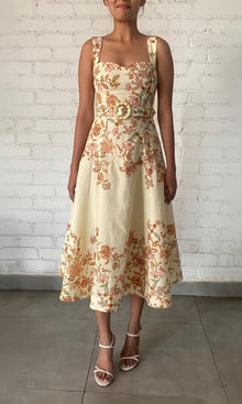 Womens | Riah Linen Cotton Midi Dress With Buckle Belt | Ivory