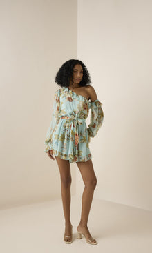 Womens | Rohi Viscose Crinkle Chiffon Romper With Belt | Turquoise Multi
