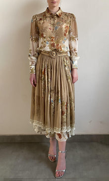 Womens | Rohi Viscose Flat Chiffon High Low Skirt With Buckle Belt | Brown Multi