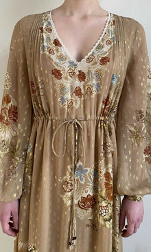 Womens | Rohi Viscose Georgette Gold Dobby Long Dress With Tie Up Tassels | Brown Multi